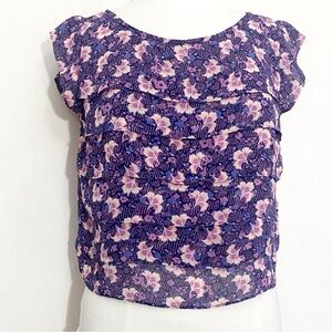 Decree Cropped Sheer Floral Ruffle Sleeve Tiered Front Blouse Top M